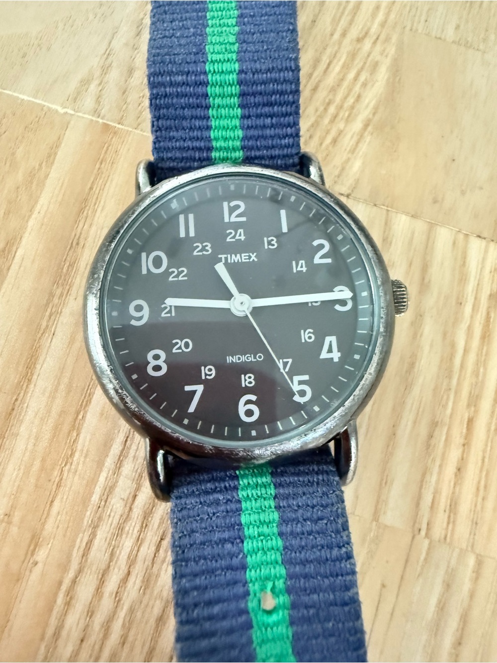 Timex weekender charcoal dial green navy blue stripe strap watch NEW BATTERY